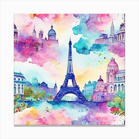 Watercolor Wanderlust A Dreamy Watercolor Featuring Pastel Landmarks, Travel Posters A Retro-Inspired Travel Posters Showcasing Iconic Destination Canvas Print