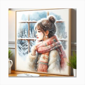 A Girl with Pearl Earrings and a Scarf in a Watercolor Style, with a Window and a Snowy Landscape as a Background Canvas Print