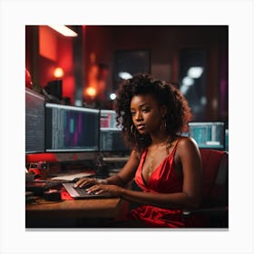 a black girl wearing a red dress, sitting at the desk of a desk, looking at the computer monitor, in the room with the computer, tumblr, artstation, concept art, rainbow color scheme, colours, movie still Canvas Print