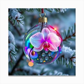 vibrant prismatic crystal glass Christmas Ornament vivid holographic sphere, in the middle an opulent pink orchid blossom Canvas Print