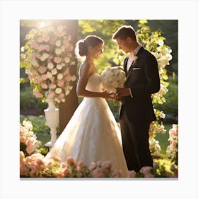 Bride And Groom In The Garden Canvas Print