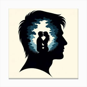 Title: "Whispers of the Heart"  Description: "Whispers of the Heart" presents a striking visual narrative where a man's profile silhouette reveals an intimate moment of a couple about to kiss. This silhouette art, merging with a celestial backdrop, captures the essence of romantic connection. The serene color palette of night blues and soft cream is ideal for decor that celebrates love, making it a must-have for collectors and romantics alike. Canvas Print