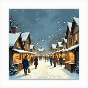 An English Winter Village Market With Festive Lights And Shoppers, Watercolor 1 Canvas Print