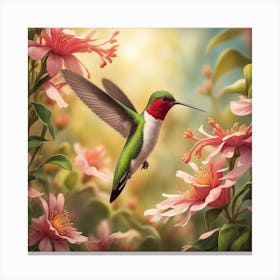 Enchanting Image Of A Ruby Throated Hummingbird Wings Aflutter Drawing Sweet Nectar From An Array Canvas Print