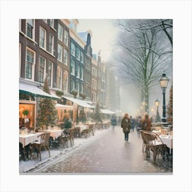 Amsterdam cafes, winter season, Christmas, pale colors, pedestrians in the street, winter clothes, falling snow.15 Canvas Print