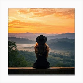 Woman In Black Hat Sitting Alone On A Wooden Balcony Overlooking A Hill Dotted Landscape Trees Al (3) Canvas Print