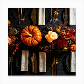 Autumnal Table Setting Cradling A Half Carved Roasted Pumpkin Candlelight Flickering Within Casting (5) Canvas Print