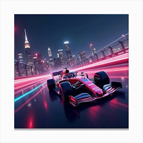 Formula Car Zooming On A Neon Lit Highway, The City Skyline Glowing In Distance 1 Canvas Print