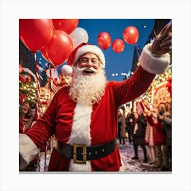 A Festive Christmas Scene With A Cheerful Man Dressed As Santa Claus Holding A Sign Fingers Pointin (1) Canvas Print