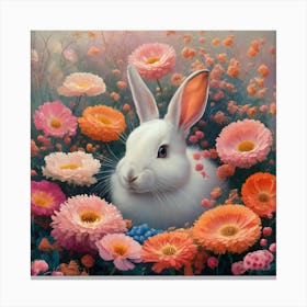 Enchanted Serenity A Vibrant Oil Painting Of A Rabbit Among Flowers (4) Canvas Print