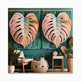 Two Tropical Leaves Hanging On A Wall Bohemian Botanical Monstera Canvas Print