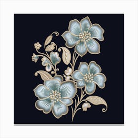 Dark Vintage Line Art of Blue Flowers Canvas Print