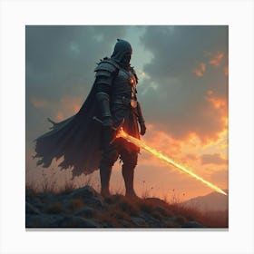 A Warrior With A Glowing Sword Standing On A Battlefield 1 Canvas Print