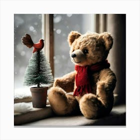 Teddy Bear With Bird On The Christmas Tree Canvas Print