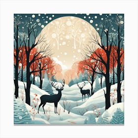 Winter Forest With Deer Canvas Print