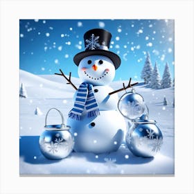 Christmas Snowman With Silver Bucket On His Head Canvas Print