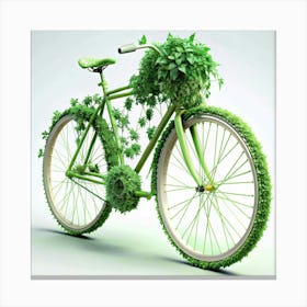 Green Bicycle Covered In Plants Canvas Print