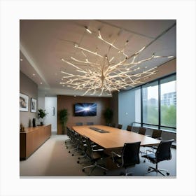 Modern Conference Room With Large Wooden Table And Branch Like Chandelier Canvas Print