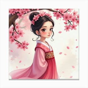 Young Queen Amid Watercolor Cherry Blossoms In Full Bloom Canvas Print