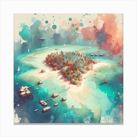 Atoll Serenity, A watercolor painting capturing the vibrant blues and greens of the atoll, with gentle waves lapping against its shores. This artwork would be well-suited for a living room or a spacious hallway where it can be a focal point, bringing in an element of nature and tranquility into your home. Canvas Print