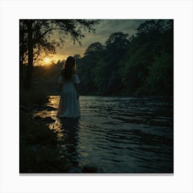 Girl Standing In Water At Sunset Canvas Print