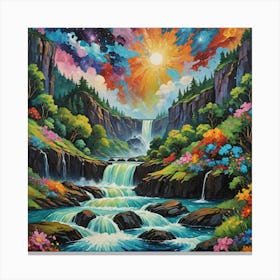 Luminous Cascade: Enchanted Forest Waterfall Under Radiant Skies . Wall art Canvas Print