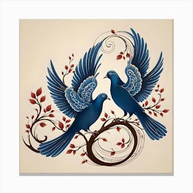 Two Pigeons On One Branch, Blue, Brown and Brick Red Canvas Print