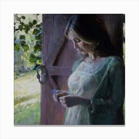 Woman Looking At A Flower Canvas Print