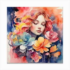 Watercolor Of A Girl With Flowers Canvas Print