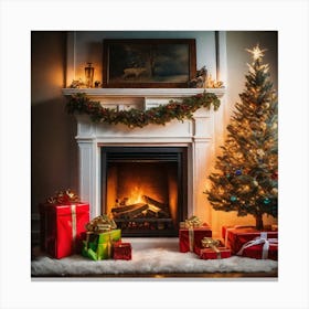 Christmas Presents Under Christmas Tree At Home Next To Fireplace Haze Ultra Detailed Film Photog (8) Canvas Print