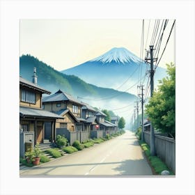 Watercolor Scene Of A Quiet Village At The Foot Of Mt Canvas Print