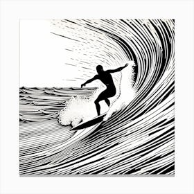 Linocut Black And White Surfer On A Wave art, surfing art, 4 Canvas Print