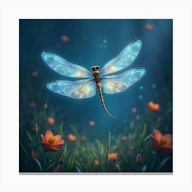 A Whimsical Dragonfly With Wings Of Shifting, Bioluminescent Light Hovering Over A Surreal Meadow Canvas Print