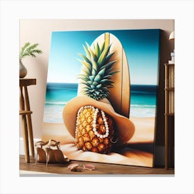 A Pineapple with Pearl Earrings and a Straw Hat Leans on a Surfboard on a Tropical Beach: A Realistic and Colorful Painting Canvas Print