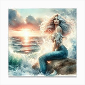 Mermaid on the rock enjoys sunset Canvas Print