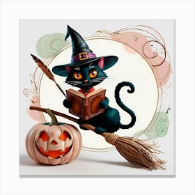 Black Cat Witch Reading A Book Canvas Print