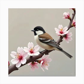 A Small Sparrow Perched On A Blooming Cherry Blossom Branch Canvas Print