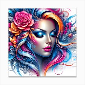 Girl With Colorful Hair And Flowers Canvas Print