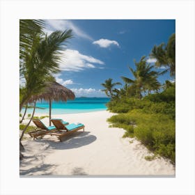 Two Lounge Chairs On A Beach Canvas Print
