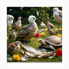 The Birds Gathered Around The Pile Of Feathers Their Songs Filling The Air It S A Farewell Hymn A Celebration Of The Tortoise S Life And Legacy Canvas Print