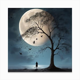 Shadow of the girl with the tree near the full moon 3 Canvas Print