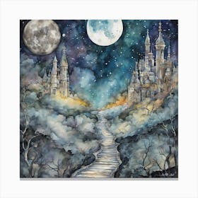 Unreal Watercolor Painting Of A Earthlike Planet With Two Moons Showing Stairs Going Up To Castles Canvas Print