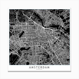 Amsterdam Black And White Map Square Canvas Print