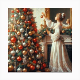 Lady Decorating A Christmas Tree Canvas Print