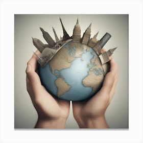 Holding the globe with city Canvas Print