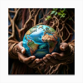 A Hand Of Earthy Brown Weaves Cradling A Detailed Miniature Globe Veins And Tendons Popping Against (2) Canvas Print