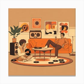 A Man And Woman Are Seated On An Orange Couch, Surrounded By A Nostalgic Vibe From A Record Player Playing Music Canvas Print