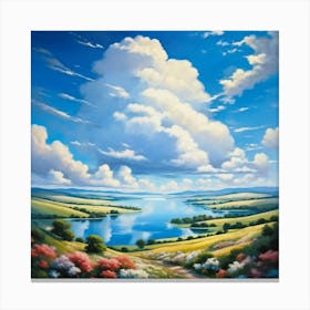 Cumulus Clouds Cotton Like In Texture Dominate The Expansive Azure Sky While A Serene Landscape Un (4) Canvas Print