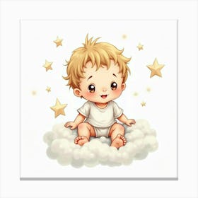 Watercolor Toddler Sitting On A Fluffy Cloud Surrounded By Soft Stars Canvas Print