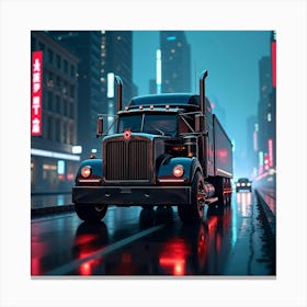 High Tech Autonomous Truck Driving In Futuristic City With Neon Lights 1 Canvas Print